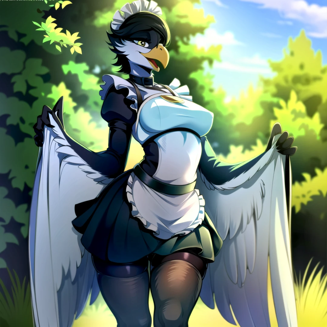 anthro avian bird, beak, ((winged-arms)) female, detailed, masterpiece,realistic, sunlight, dappled sunlight, 1girl, maid outfit, medium breasts, masterpiece, fishnet thighhighs, embarrassed, holding a duster,