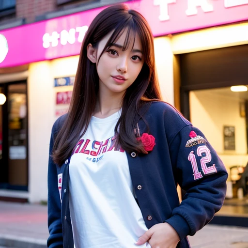 (goddess-like happiness:1.2), Kpop idol, Koean mix, (RAW photo:1.2), (photorealistic:1.4), (masterpiece:1.3), (intricate details:1.2), delicate, beautiful detailed, (detailed eyes), (detailed facial features), ((varsity jacket with tshirt inside:1.5)), tall female, petite, small breasts, narrow waist, skin tight, (looking_at_viewer), from_front, big circle earrings, slim_legs, (skinny), (best quality:1.4), (ultra highres:1.2), cinema light, outdoors, (extreme detailed illustration), (lipgloss, eyelashes, best quality, ultra highres, depth of field, caustics, Broad lighting, natural shading, 85mm, f/1.4, ISO 200, 1/160s:0.75), <lora:TWbabe3:0.75>