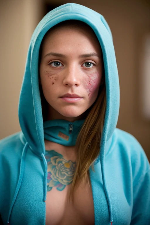 beautiful American college girl, wearing hoodie, looking at viewer, tattoo on face, hyper detailed, detailed face,, POV, by lee jeffries nikon d850 film stock photograph 4 kodak portra 400 camera f1.6 lens rich colors hyper realistic lifelike texture dramatic lighting unrealengine trending on artstation cinestill 800,