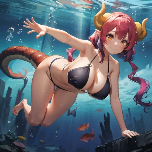 (masterpiece, best quality, ultra-detailed), 1girl, solo, ilulu \(maidragon\), underwater, swimming, from below, reaching out, stretching, smile, :o, looking at viewer, shortstack, breasts, huge breasts, swimsuit, black bikini, red hair, low twintails, colored tips, purple hair, long hair, floating hair, orange eyes, yellow horns, (dragon tail), day, pastel colors, (colorful:0.7), (perfect details), ultra detailed, (volumetric lighting), detailed face, perfect composition, HD,