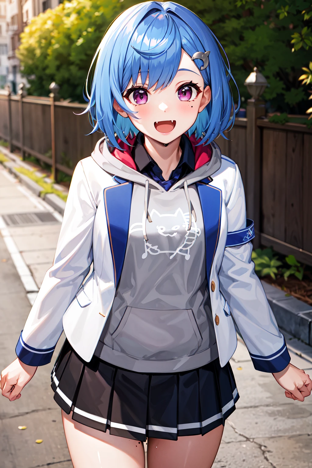 masterpiece, best quality, highres, 1girl, solo, grey hoodie, fang, blue hair, skin fang, blazer, short hair, white jacket, (mole on thigh:0.8), bangs, black skirt, hair behind ear, black socks, collared shirt, purple eyes, pleated skirt, armband, mole, hair ornament, open mouth, outdoors, smile, <lora:nishizono_chigusa_v10:0.6>