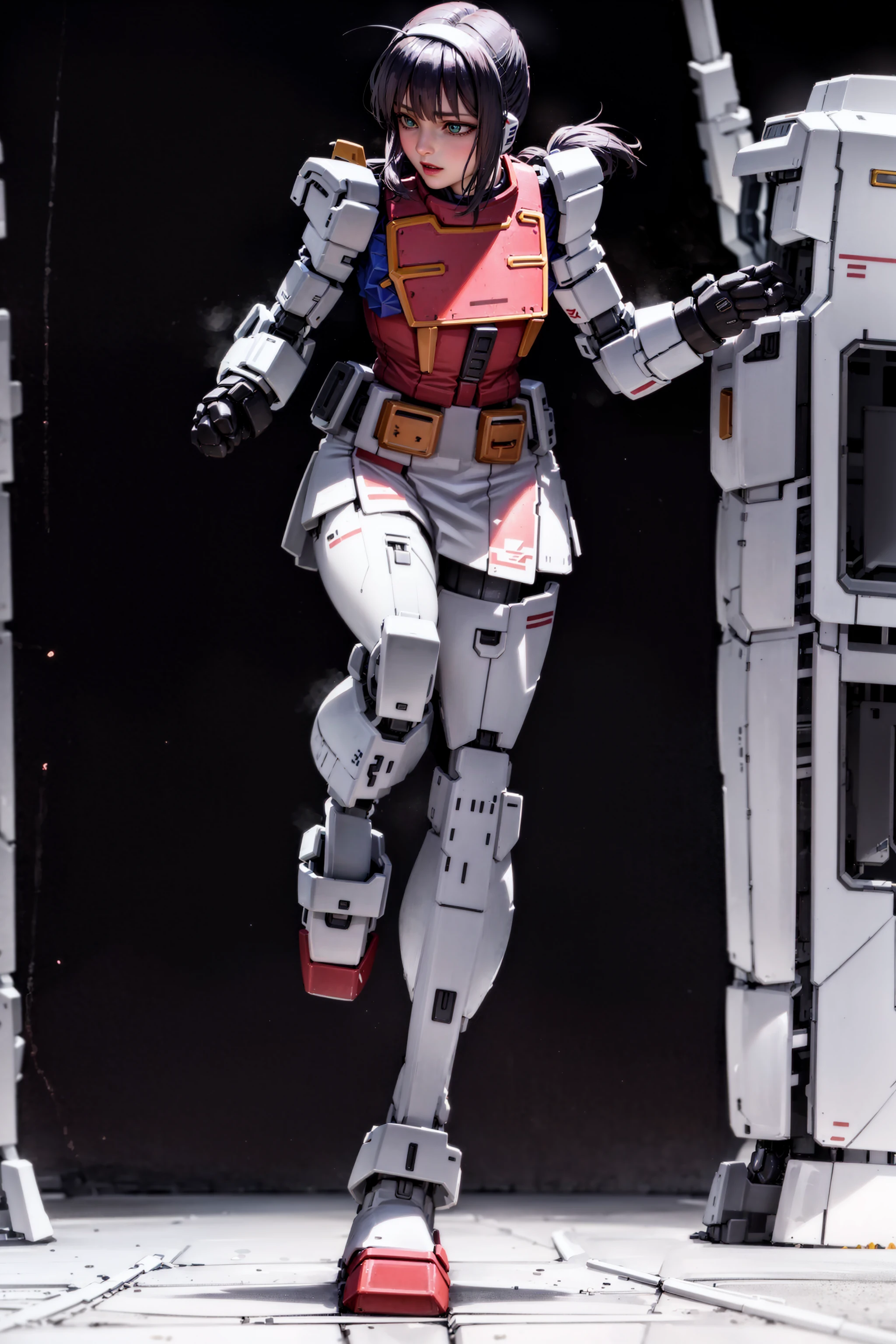 gundam\(rx78\), ultra high res, best quality, photo, 4k, realistic, (photorealistic:1.4), 1girl, solo, (full body:1.1), twin ponytail, black hair, beautiful face, beautiful eyes, in the spaceship, running, mecha armor, short skirt, tight shirt