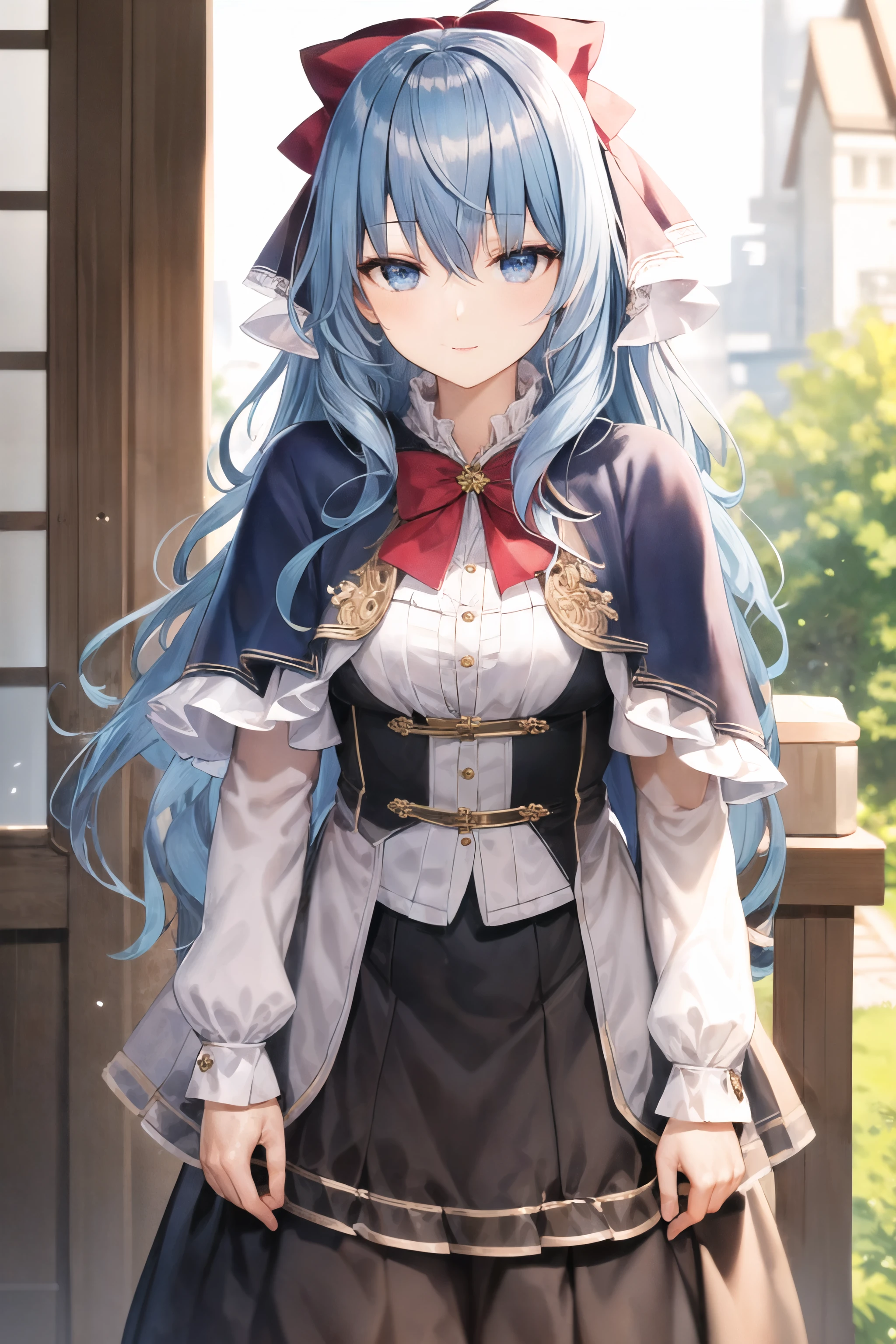 masterpiece, best quality, LiselotteCretia, long hair, wavy hair, blue eyes, blue hair, frills, bow, hair ribbon, capelet, pleated skirt, shirt, outdoors <lora:LiselotteCretia3:0.7>