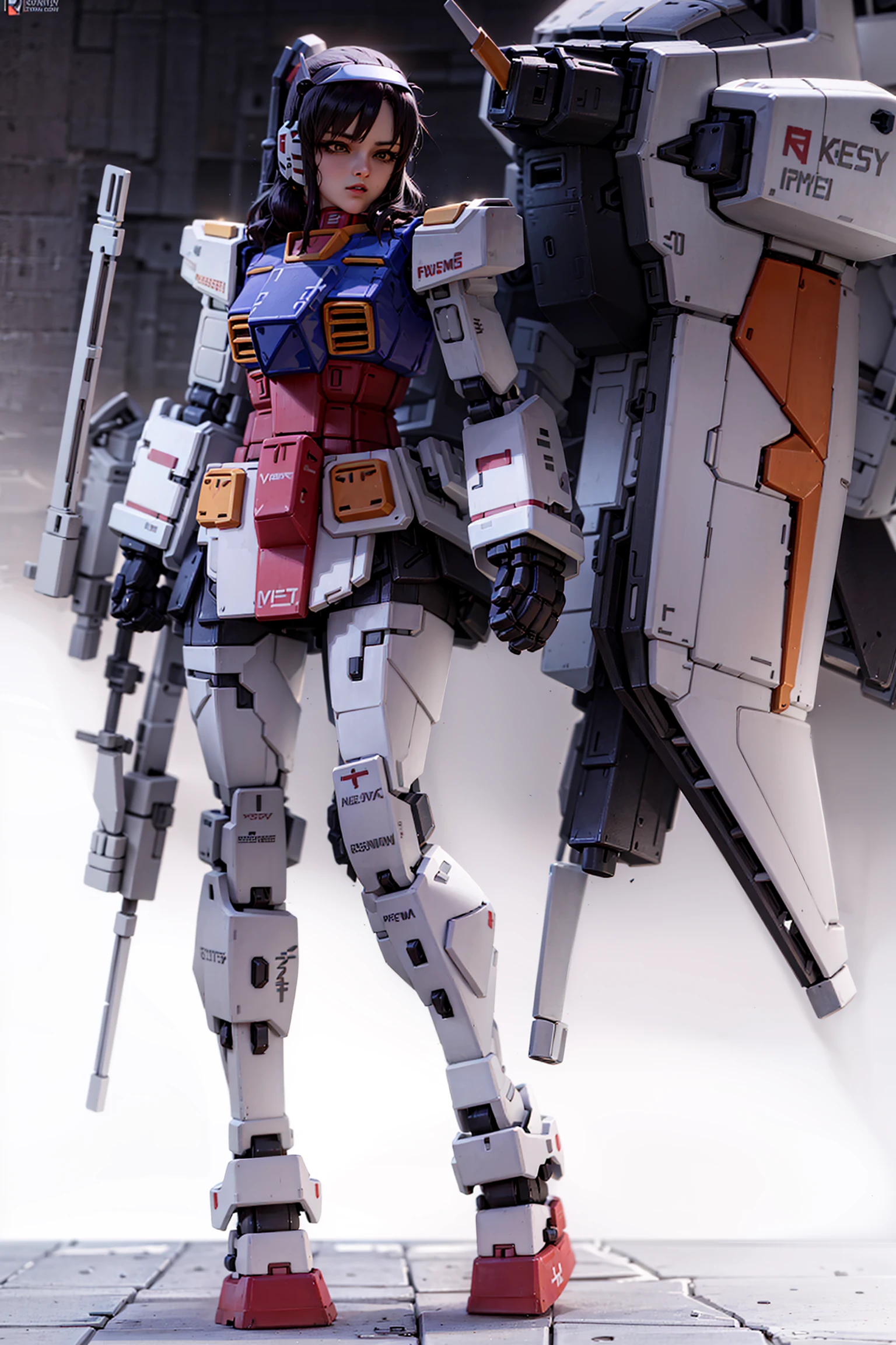 gundam\(rx78\), ultra high res, best quality, photo, 4k, realistic, (photorealistic:1.4), 1girl, solo, (full body:1.1), twin ponytail, black hair, beautiful face, beautiful eyes, in the spaceship, running, mecha armor, short skirt, tight shirt