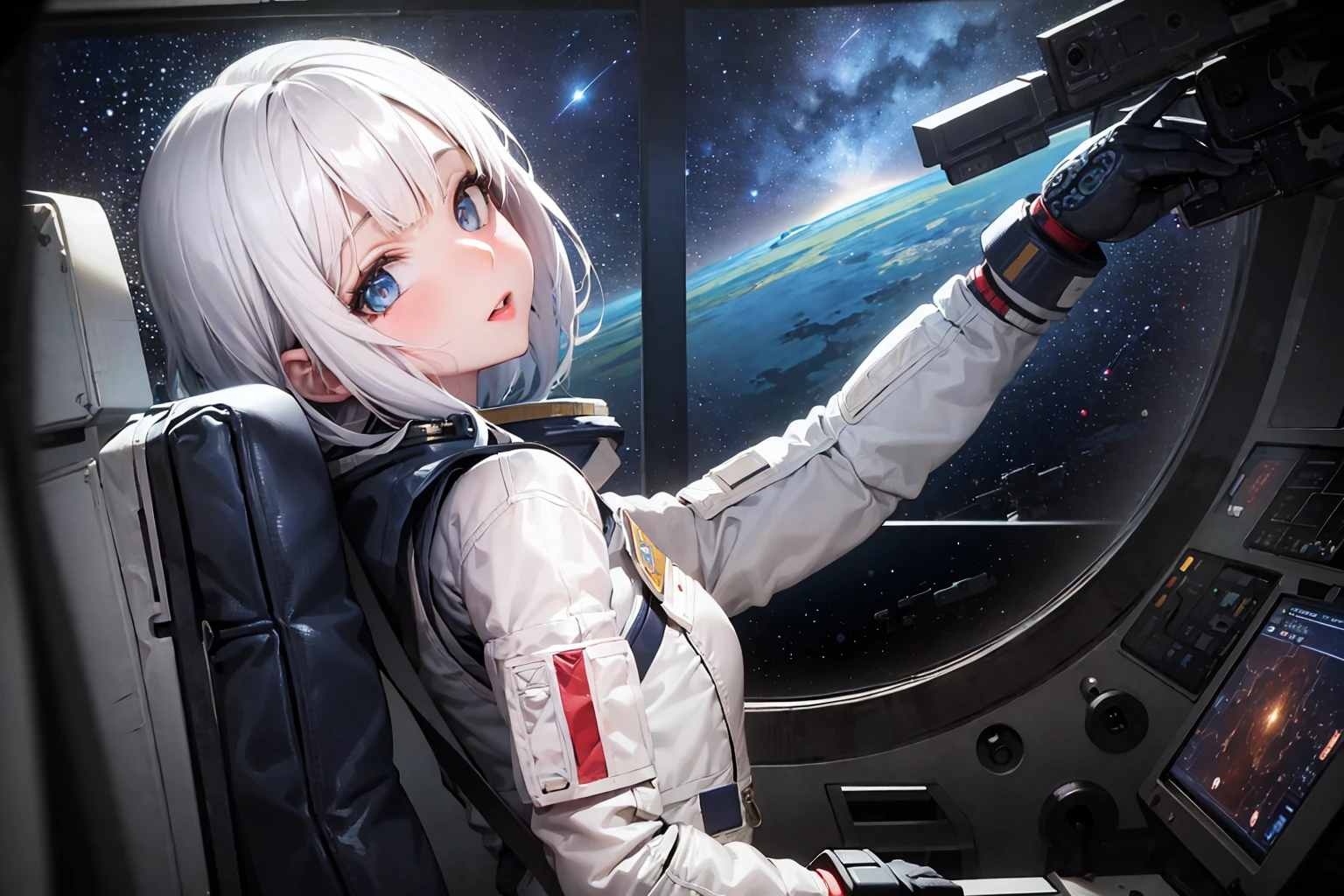 (best quality:1.1), (masterpiece:1.3), (absurdres:1.0), (hyper-detailed:1.2), from side, 1girl, solo, head tilt, (astronaut:1.1), (Space Suit:1.2), Spacecraft, spacecraft interior, white hair, blue eyes, looking at looking at viewer, Window, (Starry SKy:1.3), Earth, Universe,
