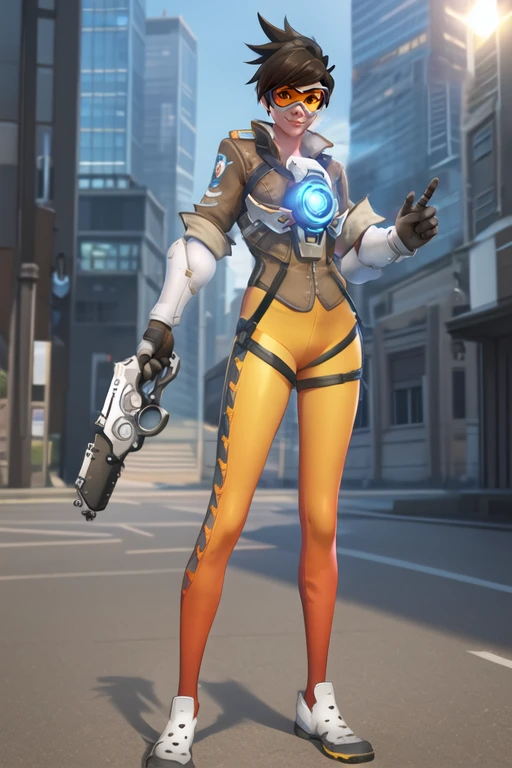tracer, bomber jacket, chest harness, bodysuit, orange goggles, orange leggings, glowing, shoes, dual wielding, (handgun), raised hands, futuristic city, looking at viewer, standing, cheeky smile, sky, sunlight, best quality, <lora:tracerOverwatchLORA_v1:0.7>