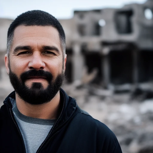 RAW photo, a close up portrait photo of brutal 45 y.o man in wastelander clothes, long haircut, pale skin, slim body, background is city ruins, (high detailed skin:1.2), 8k uhd, dslr, soft lighting, high quality, film grain, Fujifilm XT3