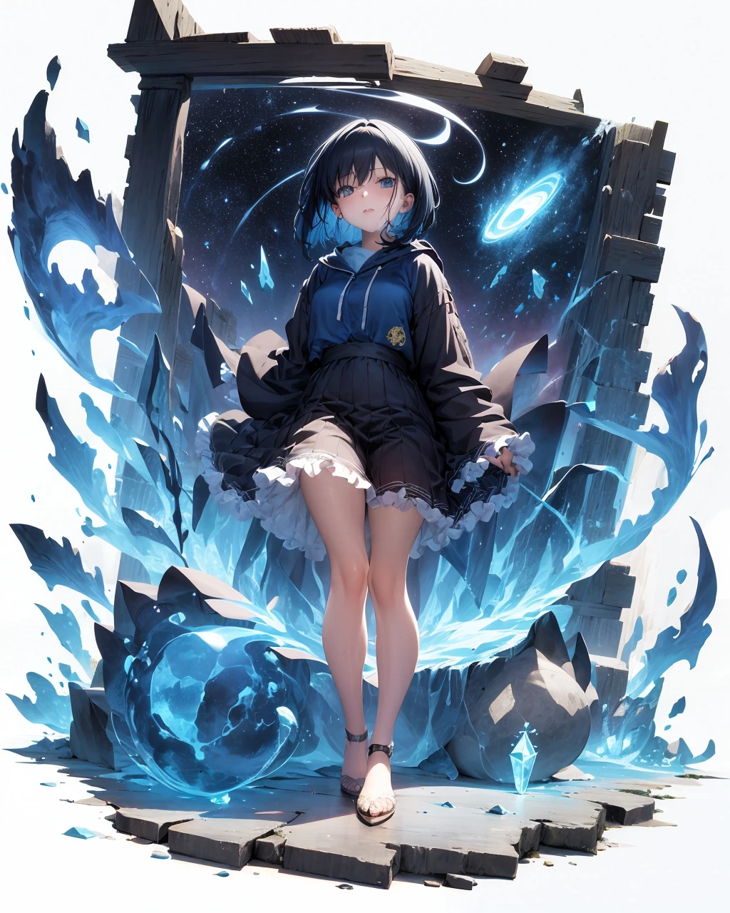 [(white background:1.5),::5] hexagon,
1 girl, mid shot, full body, (horrible atmosphere), Tindal effect, (Balance and coordination between all things), absurdity, blue flame, plasma, particle effects, crystal clear texture,star_\(sky\), space, starry_sky, blue_eyes, galaxy, solo, short_hair, earth_\(planet\),illumination,light,dynamic angle,depth of field,light and shadow,Real light and shadow,diffuse reflection<lora:Gacha Splash 3.1:1>