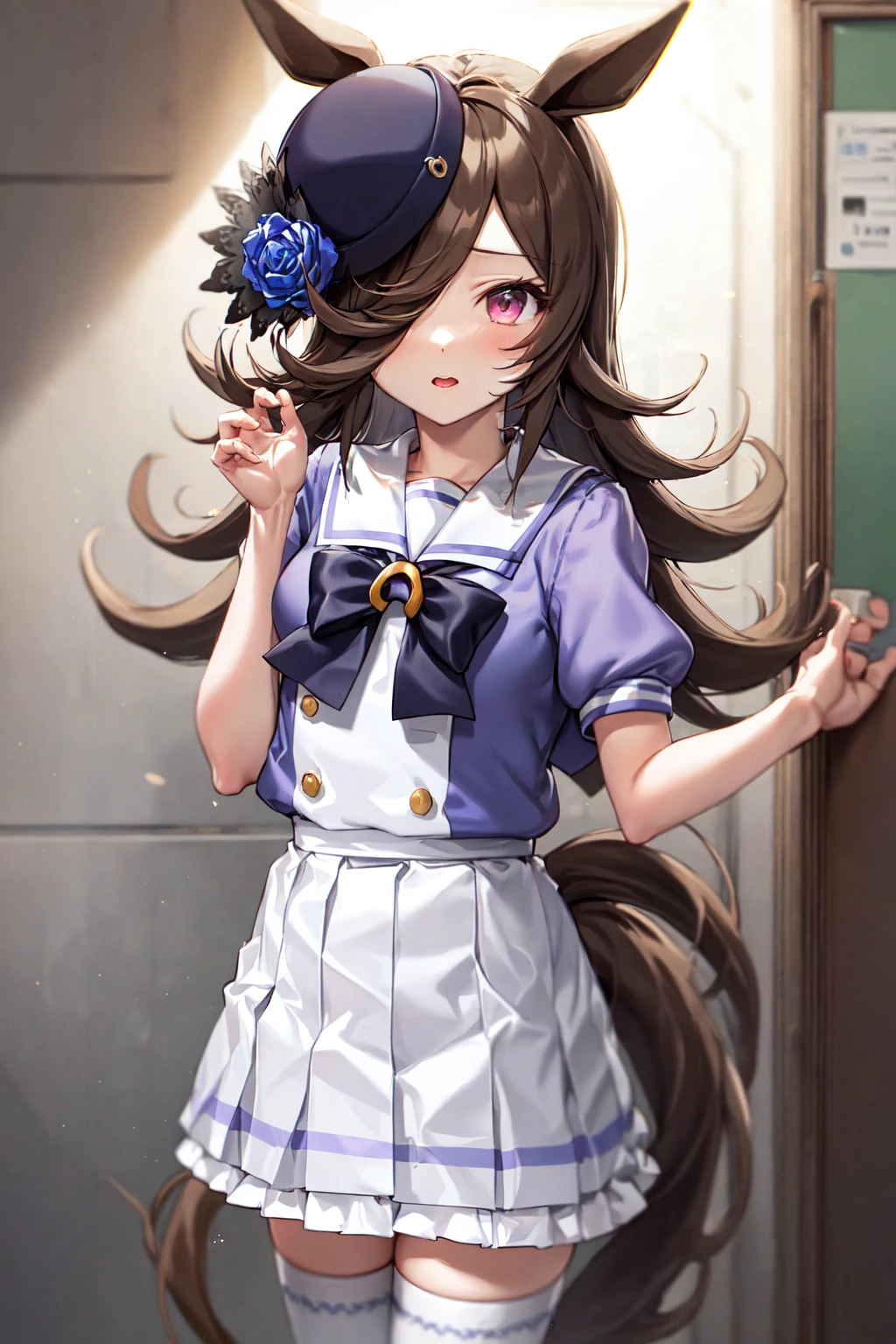 masterpiece, best quality,
rice shower \(umamusume\),
blue headwear, tilted headwear, hat flower, blue rose, tracen school uniform, summer uniform, serafuku, puffy short sleeves, bowtie, horseshoe ornament, sailor collar, sailor shirt, frills, white skirt, purple shirt, miniskirt, zettai ryouiki, white thighhighs
<lora:rice_shower_loha:0.8>