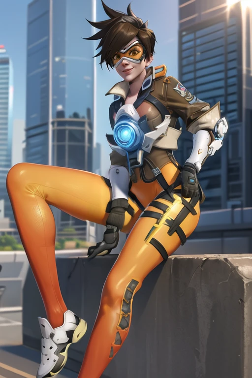 tracer, chest harness, bomber jacket, goggles, vambraces, orange bodysuit, tight pants, shoes, cheeky smile, sky, sunlight, cyberpunk city,<lora:tracerOverwatchLORA_v1:0.7>, best quality