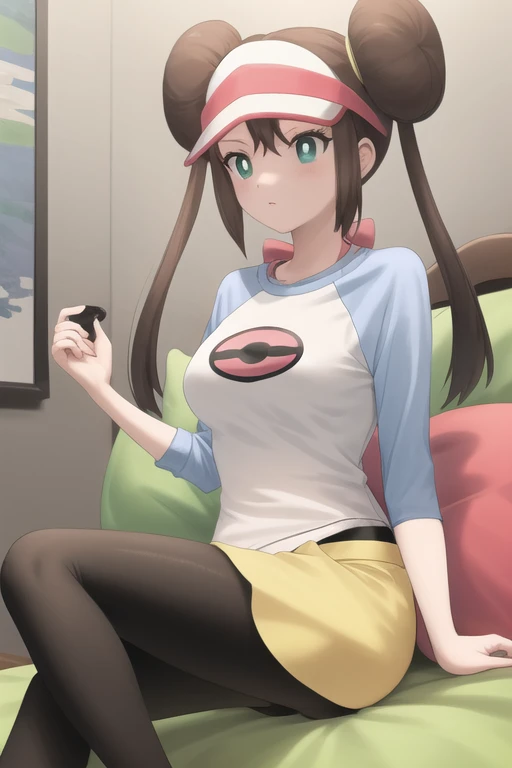 masterpiece, best quality, highres,  <lora:RosaPokemon:1>, shorts, pantyhose, visor cap, legwear under shorts, raglan sleeves, yellow shorts, black pantyhose, shirt, short shorts, indoors, sitting on pillow, pillow,