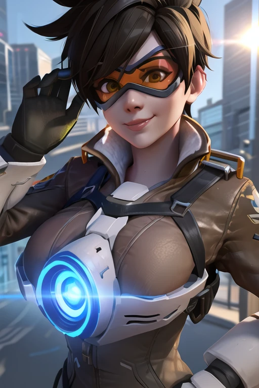 portrait, tracer, bomber jacket, chest harness, (orange goggles), futuristic city, looking at viewer, cheeky smile, sky, sunlight, best quality, <lora:tracerOverwatchLORA_v1:0.7>