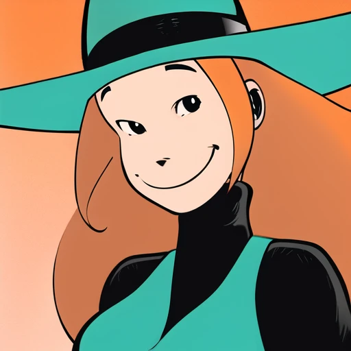 best quality, masterpiece, high detail, highres, absurdres, 1girl, solo focus, <lora:MelusineV3:1>, melusine, orange hair, witch hat, aqua dress, black turtleneck, long sleeves, close-up, one eye closed, smile, simple background, looking at viewer