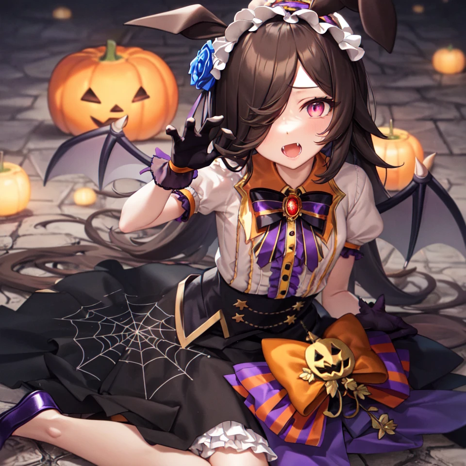 masterpiece, best quality,
rice shower \(umamusume\),
claw pose, fangs, wariza,
official alternate costume, halloween costume, hair flower, blue rose, hair ornament, frilled hairband, purple gloves, striped bowtie, black bowtie, brooch, puffy short sleeves, bat wings, collared shirt, white shirt, center frills, jack-o'-lantern, orange bow, high-waist skirt, medium skirt, purple skirt, spider web print, black skirt, purple footwear,
<lora:rice_shower_loha:0.8>