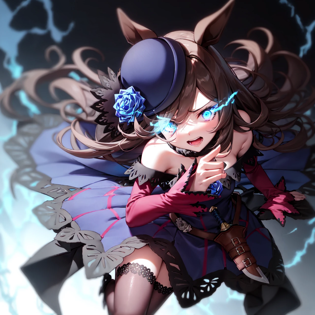 masterpiece, best quality,
rice shower \(umamusume\),
running, holding dagger, looking to the side,
glowing eye, flaming eye, eye trail, light trail,
blue headwear, tilted headwear, hat flower, blue rose, long sleeves, purple sleeves, sleeves past wrists, fur collar, off-shoulder dress, bare shoulders, blue dress, dress bow, sheathed dagger, lace trim, lace-trimmed legwear, 
<lora:rice_shower_loha:0.8>