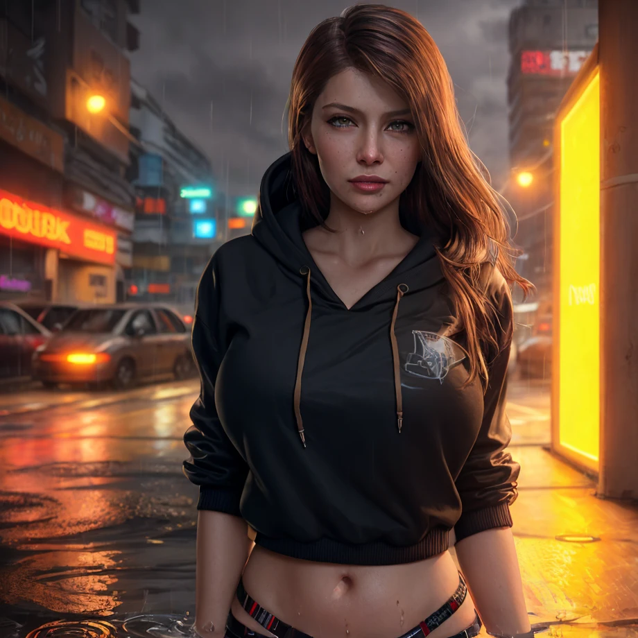 best quality, masterpiece, cinematic, realistic, cyberpunk, cyberpunk city, neon, volumetric lighting, black sky, (raining, thunderstorm), 1girl, (cyberpunk clothing, hoodie, pants, punk clothes), (flowing brown hair), water reflecting off ground, bubble butt, No-one22, (dark brown eyes), big breasts, closed mouth, chaingirldark style