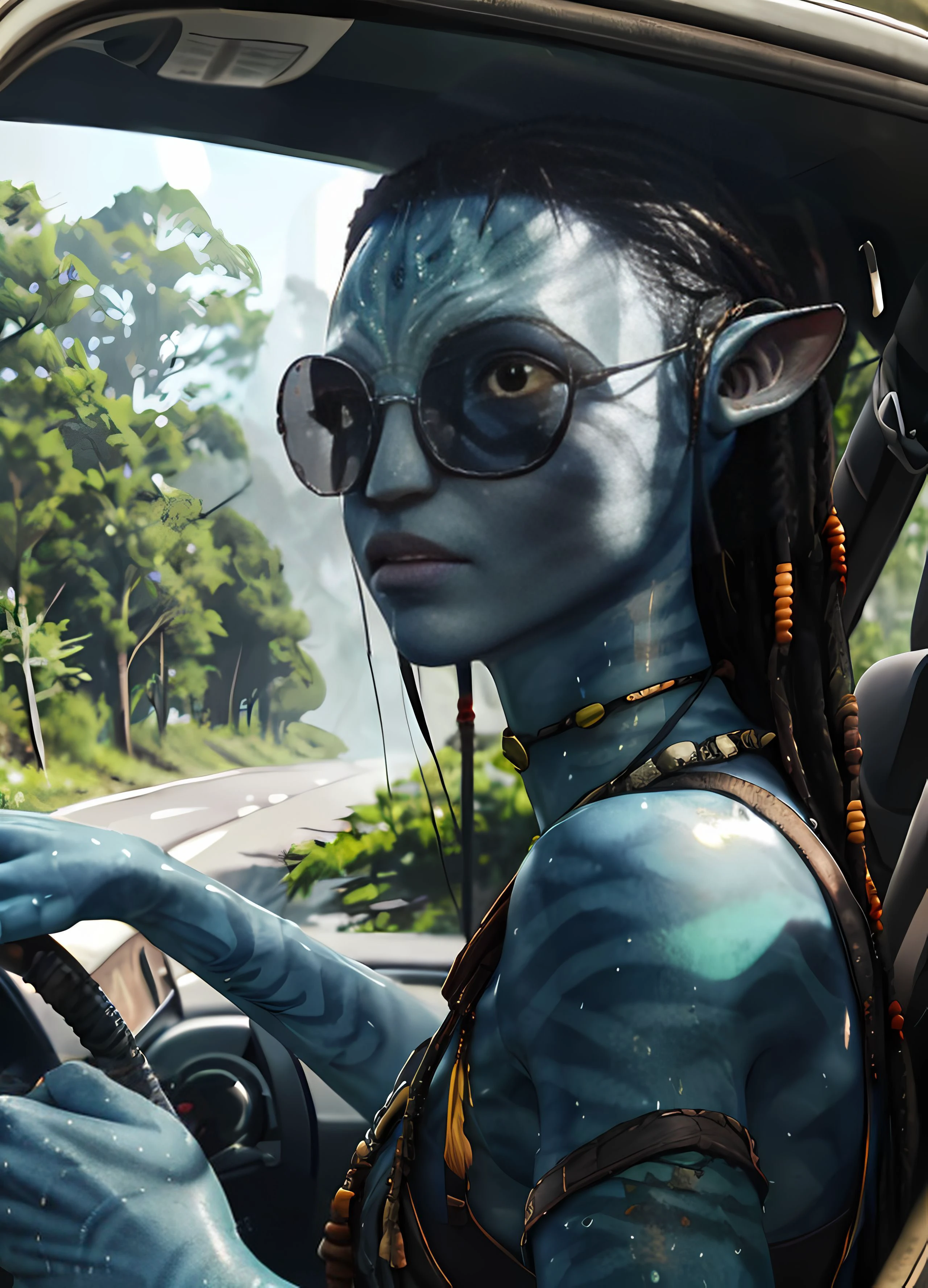 <lora:AllOutNa'vi_V1:0.8>, (Masterpiece, highres), AOA, Avatar Lara Croft, 1girl, Na'vi , blue skin, 8k, outback, tropical temple, jungle, toned, trees in the background, sweat, depth of field, saturated, clean, detailed, hyperdetailed, Intricate, blue skin, sunglasses, detailed skin, skin pores, ultra quality, Film grain