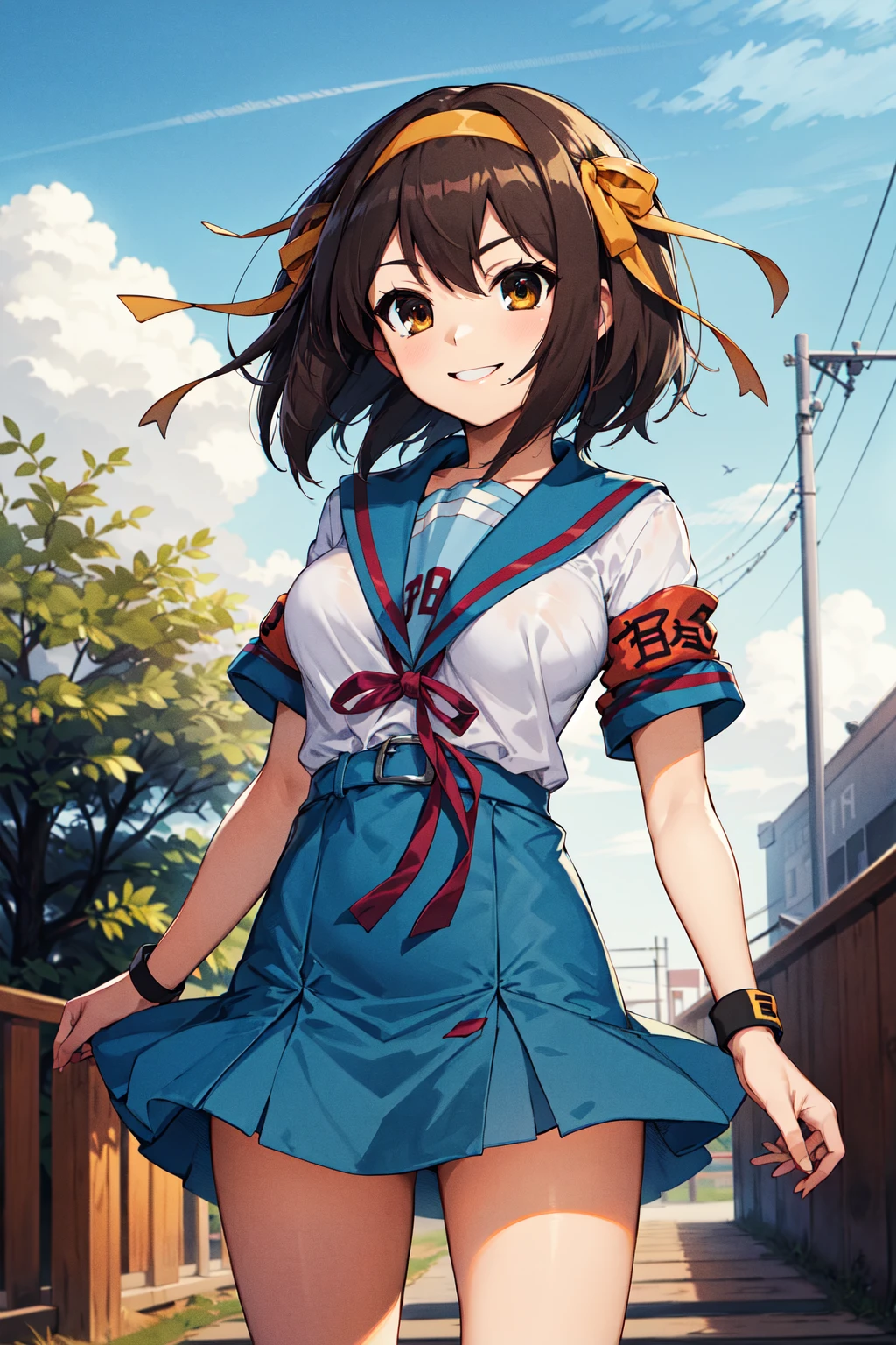 masterpiece, best quality, highres, 1girl, suzumiya haruhi, solo, kita high school uniform, blue sailor collar, sailor collar, blue skirt, brown hair, short hair, brown eyes, armband, hairband, medium hair, ribbon, socks, medium breasts, <lora:suzumiya_haruhi_v10:0.7>, cowboy shot, standing, smile, outdoors,