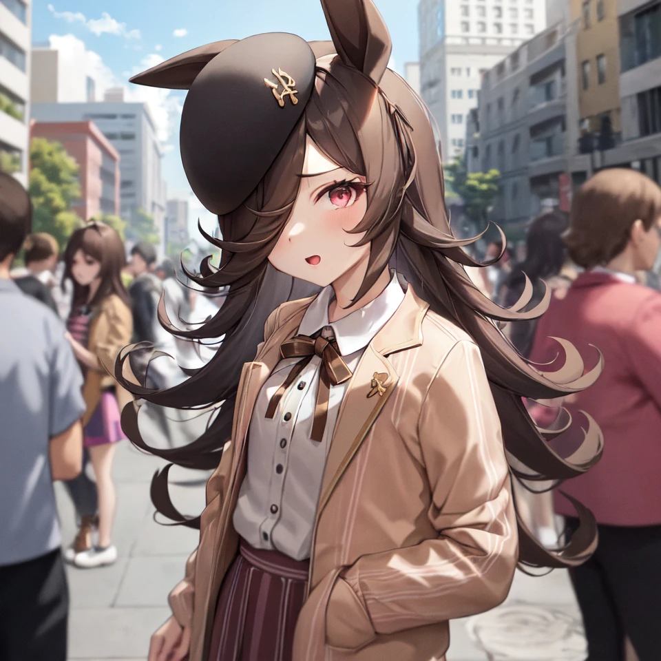 masterpiece, best quality,
rice shower \(umamusume\),
buildings, street, crowd,
casual, beret, brown headwear, hair ribbon, black ribbon, neck ribbon, long sleeves, neck ribbon, brown jacket, pink dress, open clothes, open jacket, cropped jacket, striped dress, vertical-striped skirt, 
<lora:rice_shower_loha:0.8>