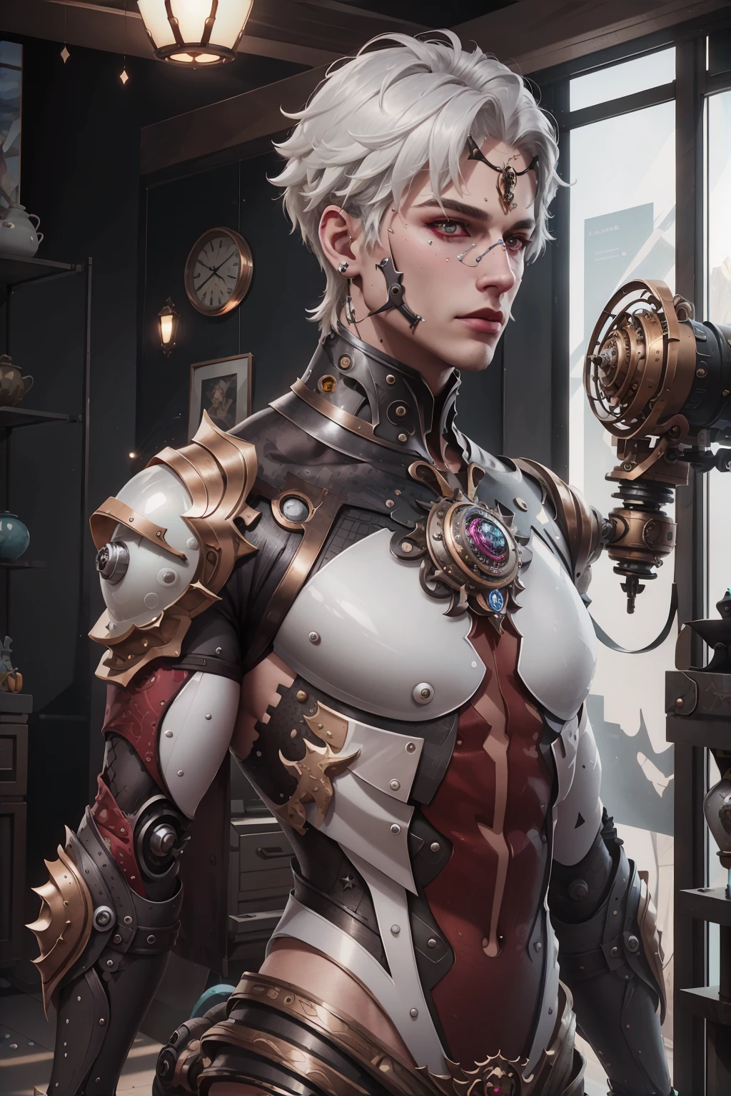 masterpiece, high quality, 3d, 8k cg, intricate details, detailed background, sacred, ornaments, byDylanKowalski,
((1boy, muscular)), upper body, looking to the side, short hair, prosthesis, mechanical arms, synthetic skin,
porcelain, pearl, holographic, titanium, diamond, ruby, sapphire, gemstones, clockwork, grunge, worn edges, armor,
<lora:GFman-000002:0.8>, <lora:dylanKowalski-000006:0.4>,