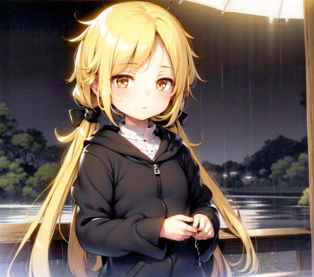 <lora:satsuki:1>, <lora:ke-ta:0.9>, small, solo, yellow hair, low twintails, long hair, yellow eyes, rain, standing