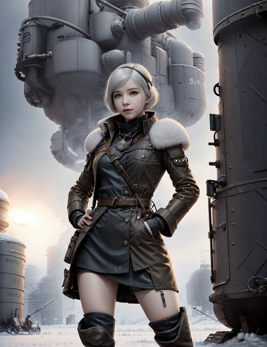 best quality, masterpiece, solo, portrait photo of a girl, fashion pose, dynamic action pose, white hair, bob cut, siberian atmosphere, winter, steampunk, soft light, dieselpunkai, mechanical girl, cyborg,
<lora:siberian atmosphere:1> < <lora:dieselpunkai_v10:0.65>