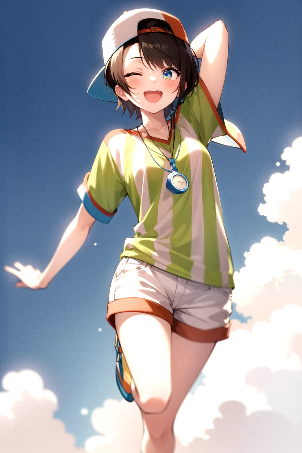 2d, masterpiece, best quality, anime, highly detailed face, highly detailed eyes, highly detailed background, perfect lighting, full body, 1girl, solo, oozora subaru, striped shirt, loose shirt, t-shirt, oversized clothes, white shorts, baseball cap, backwards hat, whistle, multicolored eyes, small breasts, one eye closed, :d, standing on one leg, arm up <lora:subaru-20:1>