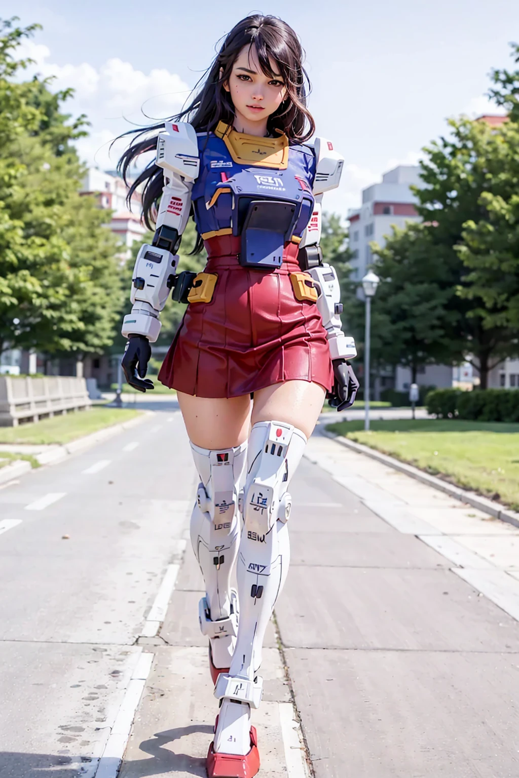 NSFW, gundam\(rx78\), ultra high res, best quality, photo, 4k, (photorealistic:1.4), 1girl, solo, (full body:1.1),long hair, black hair, beautiful face, beautiful eyes, outside in the park with lake, running, mecha armor, depth of field, motion lines, short skirt, tight shirt