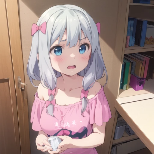 sagiri_izumi,1girl,pink bow,tshirt,off shoulder,angry,face focus<lora:sagiri_v1:0.8>