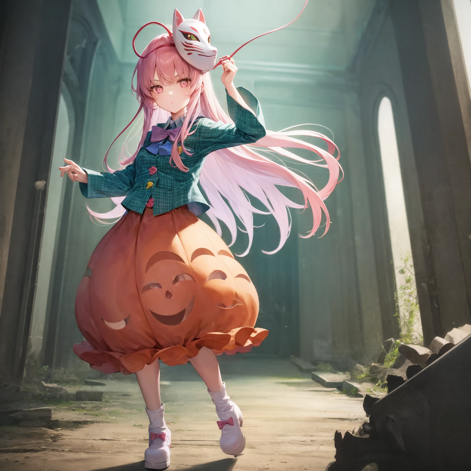 (1girl, koko), bubble skirt, aqua shirt, collared shirt, expressionless, eyebrows hidden by hair, fox mask, full body, long hair, long sleeves, mask, multicolored buttons, pink eyes, pink hair, orange skirt, plaid shirt, purple bow, purple bowtie, solo, very long hair, white socks, footwear bow, girl explores ruins of church, broken stained glass, deserted spaces, detailed background