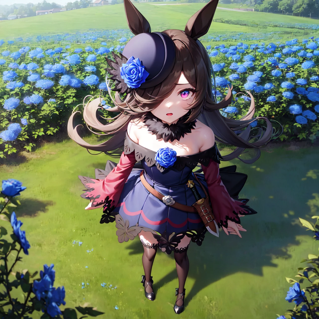 masterpiece, best quality,
rice shower \(umamusume\),
full body, standing, looking afar, (blue flower field:1.2), very wide shot,
glowing eye, flaming eye, eye trail, 
blue headwear, tilted headwear, hat flower, blue rose, long sleeves, purple sleeves, sleeves past wrists, fur collar, off-shoulder dress, bare shoulders, blue dress, dress bow, sheathed dagger, lace trim, lace-trimmed legwear, brown thighhighs, shoes, black footwear,
<lora:rice_shower_loha:0.8>