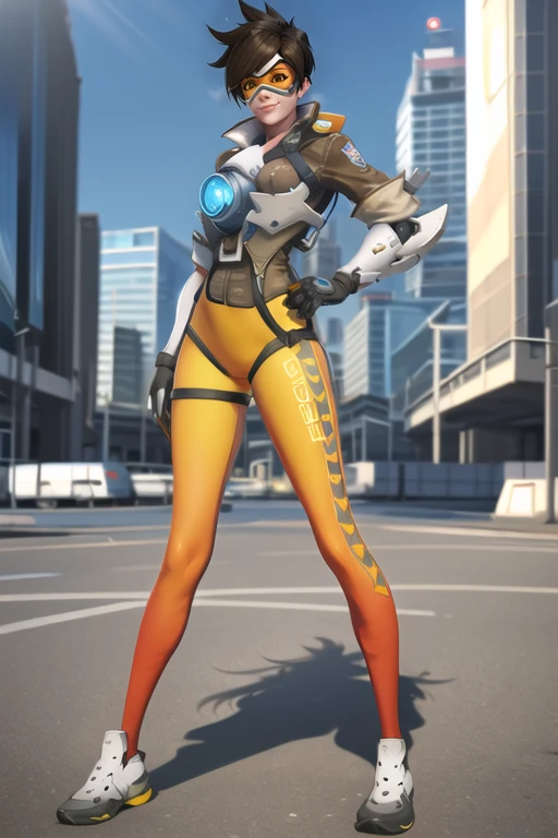 tracer, bomber jacket, chest harness, bodysuit, orange goggles leggings, shoes, futuristic city, looking at viewer, standing, cheeky smile, sky, sunlight, best quality, <lora:tracerOverwatchLORA_v1:0.7>