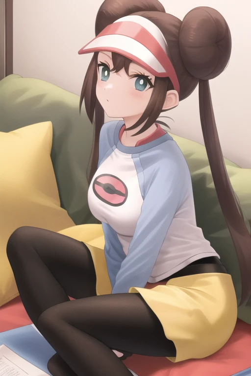 masterpiece, best quality, highres,  <lora:RosaPokemon:1>, shorts, pantyhose, visor cap, legwear under shorts, raglan sleeves, yellow shorts, black pantyhose, shirt, short shorts, indoors, sitting on pillow,