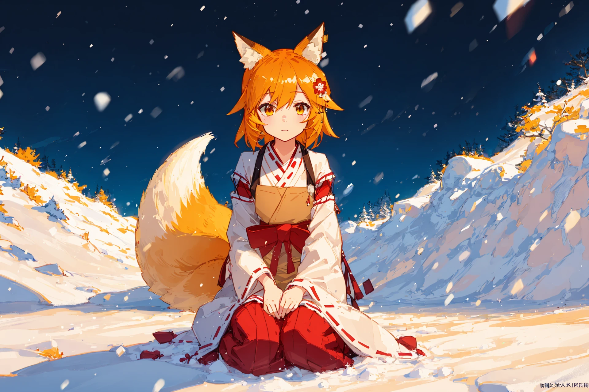 best quality, masterpiece, ultra-detailed, illustration, (detailed light:1.05), cinematic lighting, detailed background, detailed face, detailed eyes, sen, animal ears, fox ears, fox girl, fox tail, hair flower, hair ornament, orange eyes, orange hair, short hair, tail, flat chest, 1girl, solo, kimono, miko, japanese clothes, winter, snow, snowman, snowball, sun day, kneeling