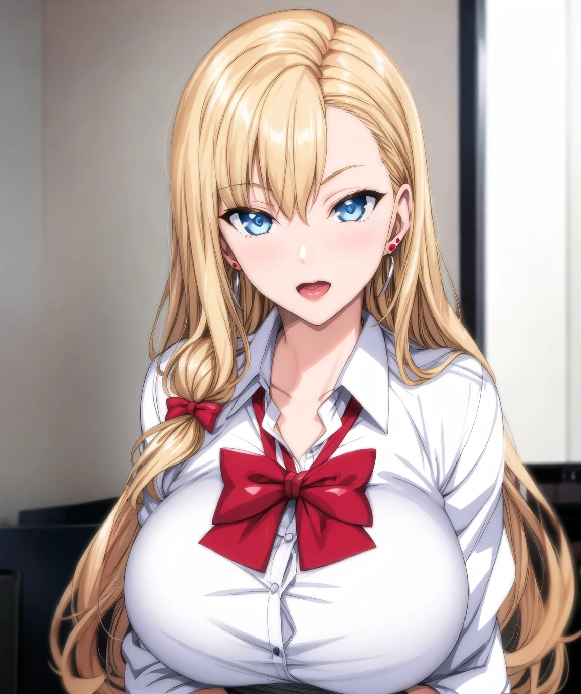 1girl, aiue oka, blonde hair, blue eyes, bow, bowtie, breast hold, earrings, gyaru, hair twirling, jewelry, large breasts, long hair, school uniform, shirt, solo, upper body