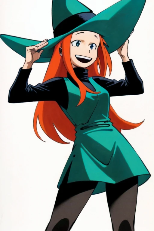 best quality, masterpiece, high detail, highres, absurdres, 1girl, solo focus, <lora:MelusineV3:0.55>, melusine, orange hair, witch hat, long hair, aqua dress, black turtleneck, long sleeves, black pantyhose, cowboy shot, arms up, hands on headwear, from below, <lora:horikoshiKouheiMHA_horikoshiKouhei1518it:1>, smile, open mouth, looking at viewer