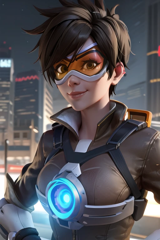 portrait, tracer, bomber jacket, chest harness, (orange goggles), futuristic city, looking at viewer, cheeky smile, sky, sunlight, best quality, <lora:tracerOverwatchLORA_v1:0.7>