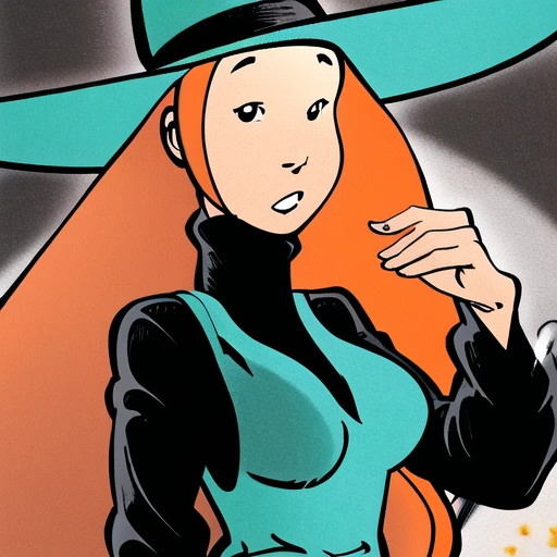 best quality, masterpiece, high detail, highres, absurdres, 1girl, solo focus, <lora:MelusineV3:1>, melusine, orange hair, witch hat, aqua dress, black turtleneck, long sleeves, parted lips, simple background, looking at viewer