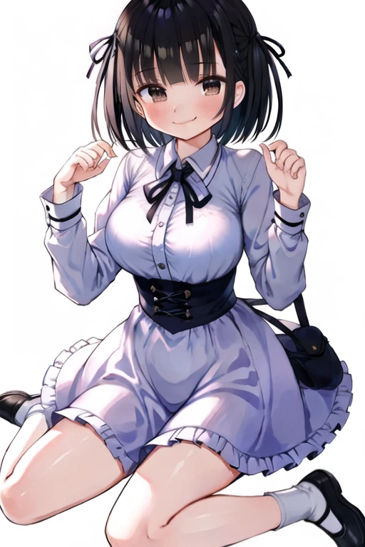 best quality, masterpiece, ultra high res, 1girl, brown eyes, brown hair, short hair, bob cut, two side up, french braid, hairclip, heart hair ornament, neck ribbon, black ribbon, white shirt, collared shirt, lace-trimmed shirt, puffy sleeves, long sleeves, center frills, heart button, handbag, black skirt, high-waist skirt, frilled skirt, white socks, black footwear, smile, closed mouth, wavy mouth, blush, looking at viewer, wariza, simple background <lora:gaou:0.7>