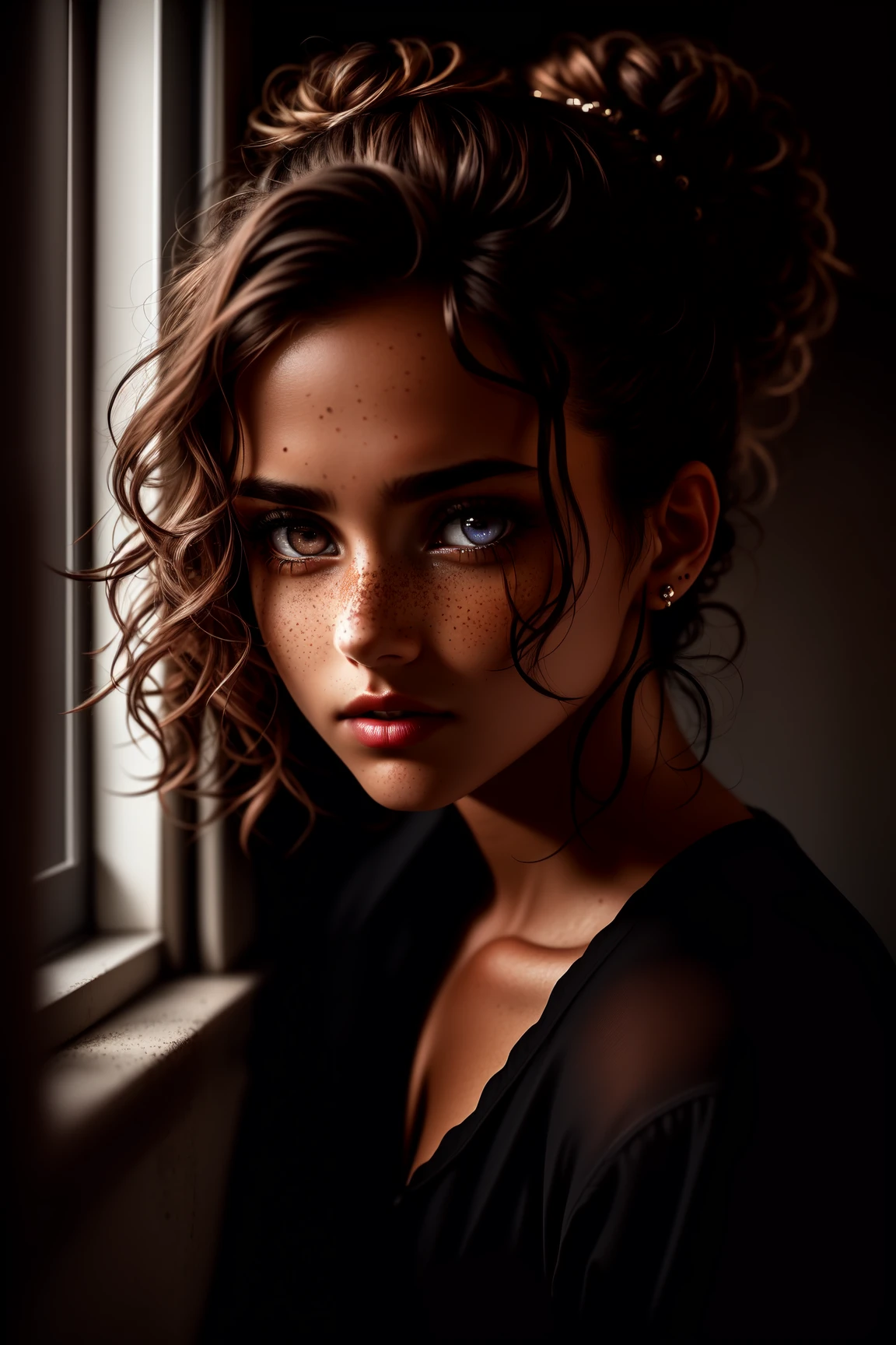 (sharp focus:1.2), an award winning photo of a beautiful exhausted tan skin woman with beautiful eyes and freckles, messy bun, messy dark hair, sitting next to a window, dark lighting, (deep shadows:1.1), high contrast, beautiful eyes, absurdres, 8k, (high quality:1.3), tired, sleepy, poverty, sadness, depression, artstation hd, concept art, detailed face and body, award-winning photography, (moody lighting:1.2), depth of field, bokeh, 4K, HDR
