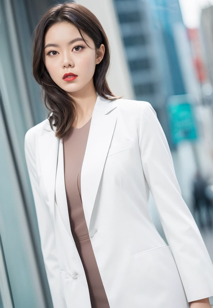 solo,
(office lady,white coat,),
half-length photo,cowboy shot,
city_lights,
(looking at viewer:1.3),
parted lips, red_lips,shiny skin, skindentation, best quality, ultra high res, (photorealistic:1.4),
