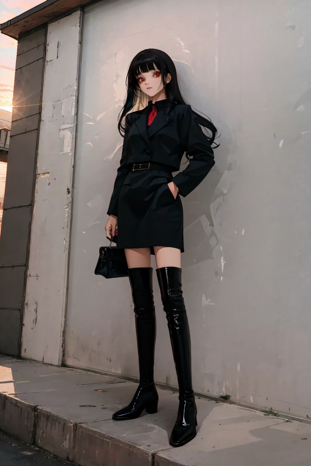 full body, wide shot, dynamic angle, absurdres,original,extremely delicate and beautiful,beautiful detailed eyes and face,1lady, black_hair, long straight hair, looking_at_viewer, solo,(masterpiece:1.4),(best quality:1.4),black latex thigh boots, shiny clothes,  medium breasts, red eyes, very long hair, black pantyhose, blunt bangs, sunset, outdoor, lens flare,  <lora:kendollthighboots:0.65>