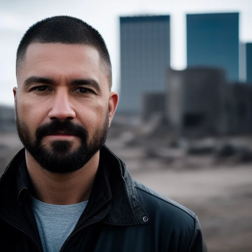 RAW photo, a close up portrait photo of brutal 45 y.o man in wastelander clothes, long haircut, pale skin, slim body, background is city ruins, (high detailed skin:1.2), 8k uhd, dslr, soft lighting, high quality, film grain, Fujifilm XT3<lora:LORADM320realisticVisionV13_v13:1>