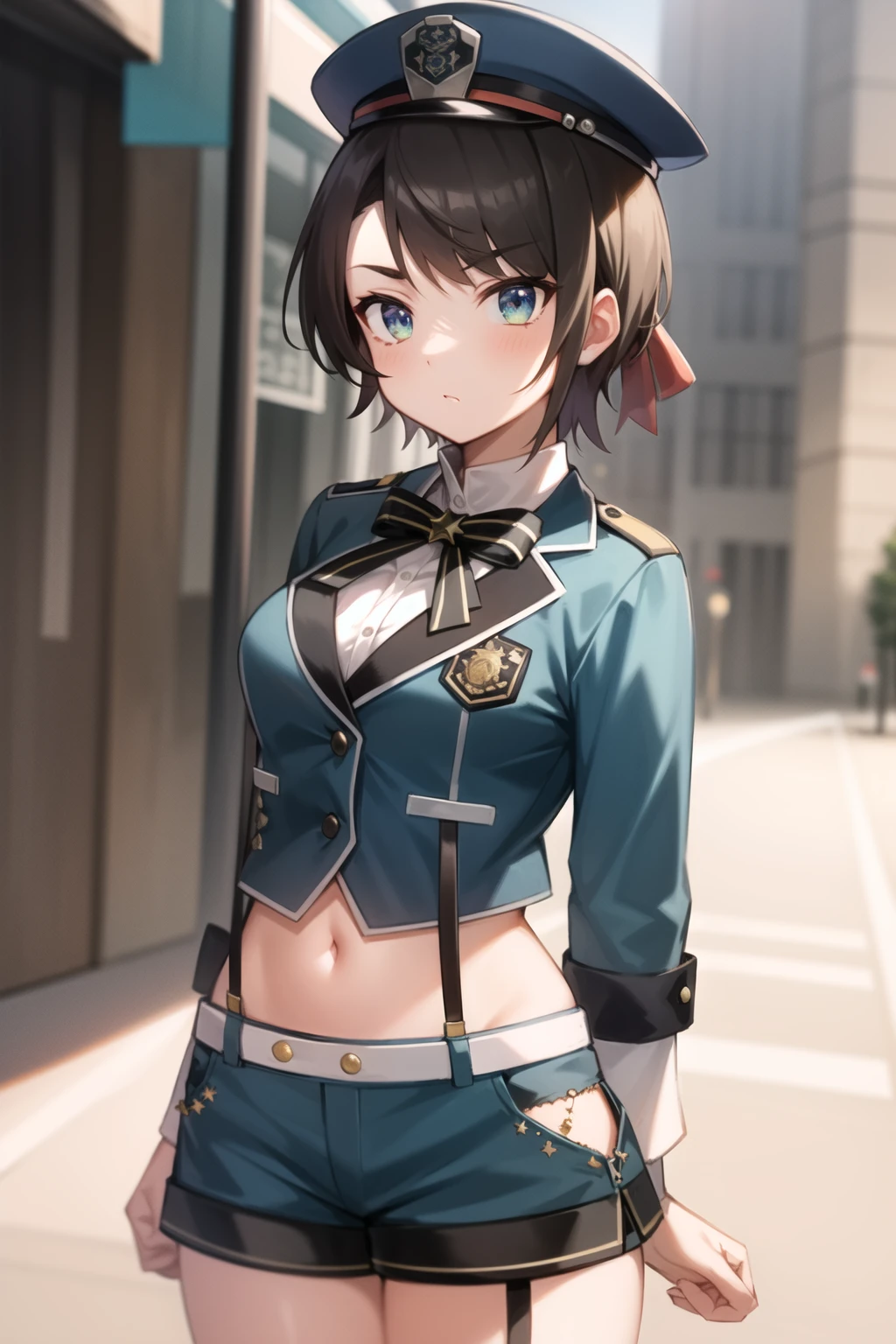 2d, masterpiece, best quality, anime, highly detailed face, highly detailed eyes, highly detailed background, perfect lighting, cowboy shot, 1girl, solo, oozora subaru, multicolored eyes, black bowtie, blue jacket, cropped jacket, midriff, blue shorts, short shorts, suspender shorts, police hat, street, v-shaped eyebrows, standing <lora:subaru-20:1>