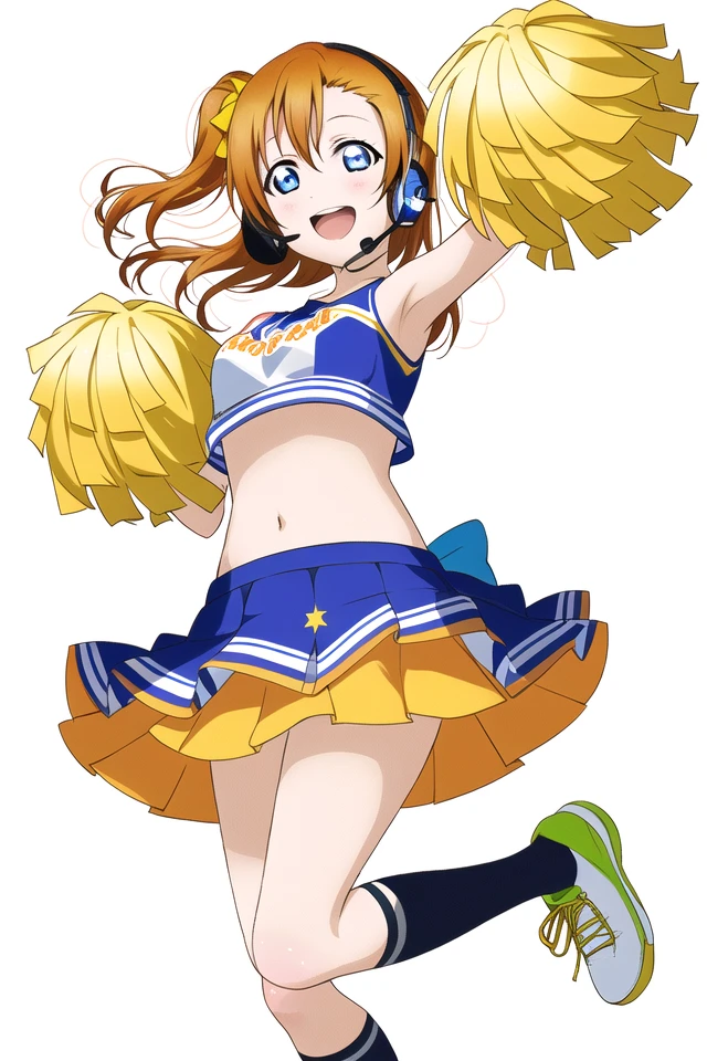 masterpiece, best quality, masterpiece, (<lora:LLChar:1>), LLChar, (kousaka honoka:1.2), (orange hair, blue eyes), white background, simple background, cheerleader, gloves, headset, midriff, open mouth, frilled skirt, navel, smile, pom pom \(cheerleading\), arm up, looking at viewer, bow, crop top, (star tattoo), blush, bare shoulders, kneehighs