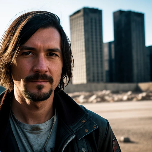 RAW photo, a close up portrait photo of brutal 45 y.o man in wastelander clothes, long haircut, pale skin, slim body, background is city ruins, (high detailed skin:1.2), 8k uhd, dslr, soft lighting, high quality, film grain, Fujifilm XT3