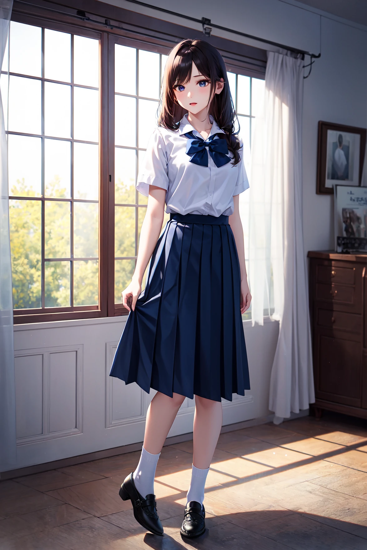 (extremely detailed CG:1.2), (masterpiece:1.2), ,((absurdres)),looking at viewer,((full body))
,(1girl),solo,(long hair),(mathayom uniform),(white shirt short sleeves),(navy_blue pleated skirt),(long skirt),dynamic angle,standing,dynamic pose,((Delicate facial features)),(black mathayom shoe),white sock,(bowtie worn below)
<lora:mathayom_uniform16:0.5>