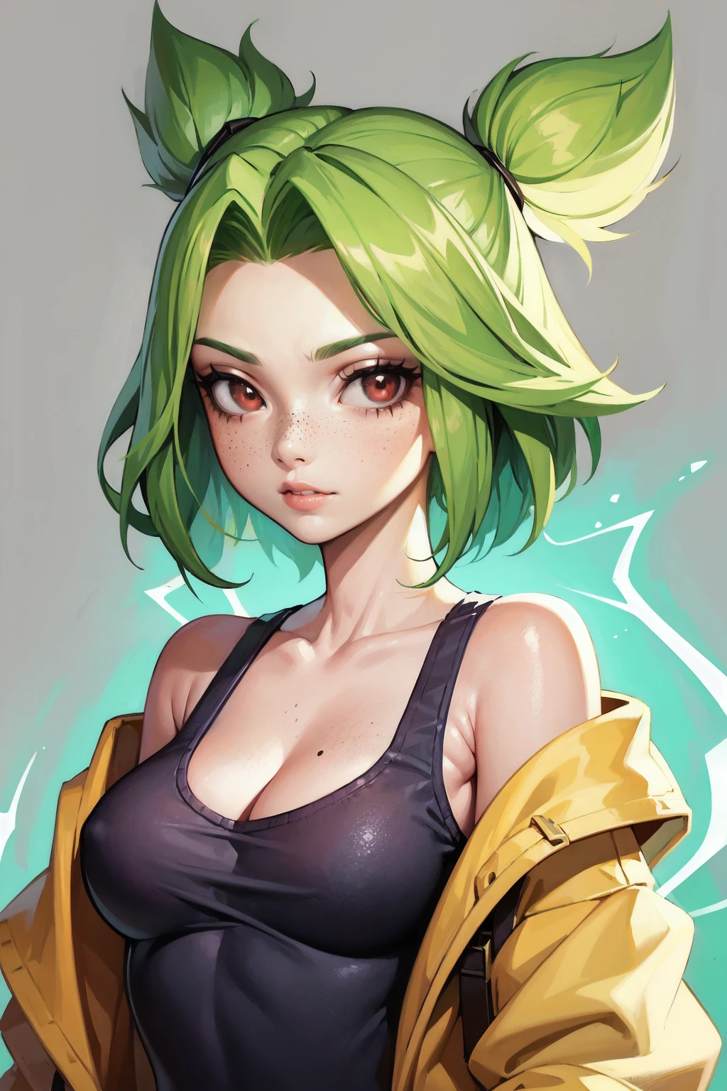 zeri (league of legends), 1girl, solo, medium breasts, freckles, electricity, jacket, red eyes, upper body, cleavage, looking at viewer, off shoulder, bare shoulders, grey background, tank top<lora:AOMv2_hard_accent:0.5>,<lora:Zeri:1>,