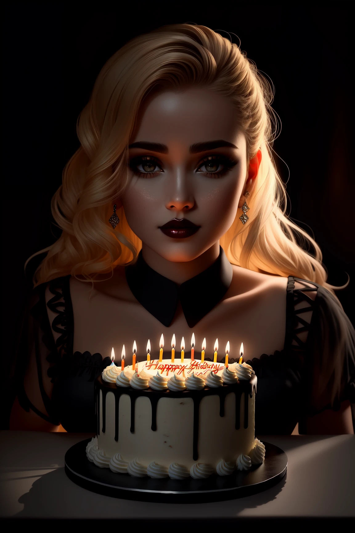 An award winning photo of a beautiful woman sitting at a table in the (dark:1.3), (symmetrical:1.1) candles on a (birthday cake:1.2), (deep shadow:1.3), hazel eyes, highly detailed decorative birthday cake, high blonde hair ponytail, happiness, by lee jeffries nikon d850 film stock photograph 4 kodak portra 400 camera f1.6 lens rich colors hyper realistic lifelike texture dramatic lighting unreal engine trending on artstation cinestill 800, (deep shadow:1.3), dark black, night, pursed lips, ((cake in front of face)), from below, 8k, absurdres,(high quality:1.3)