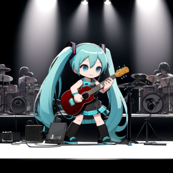 (masterpiece, best quality:1.2),  <lora:AKTEST-03:1> chibi, hatsune miku, stage,  idol, song note, full body, microphone stand, (flat shading:1.1)